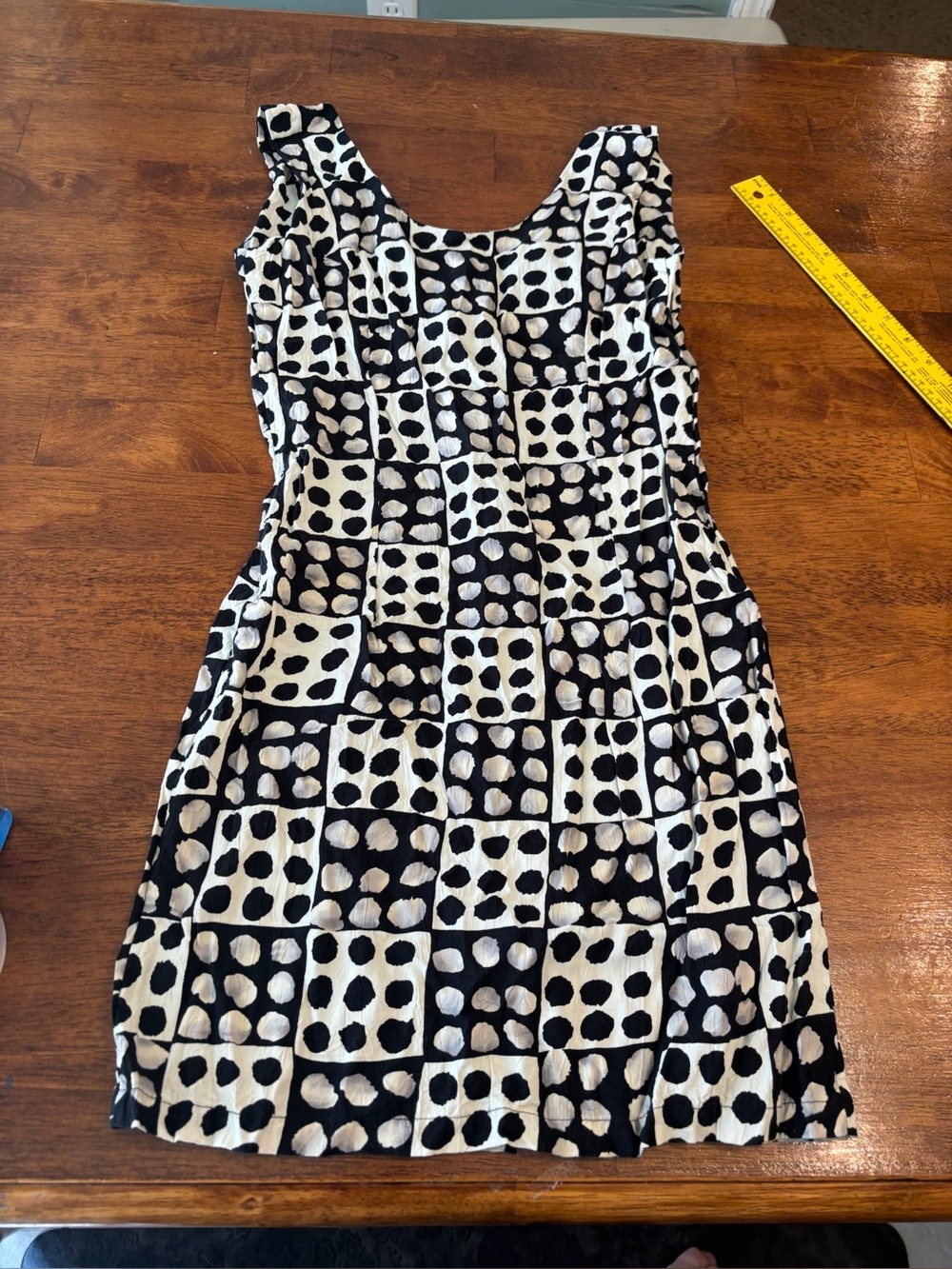 VTG 90s Jams World Crinkle Rayon Dress Mod Geometric Grid Polka Dot Sheath L